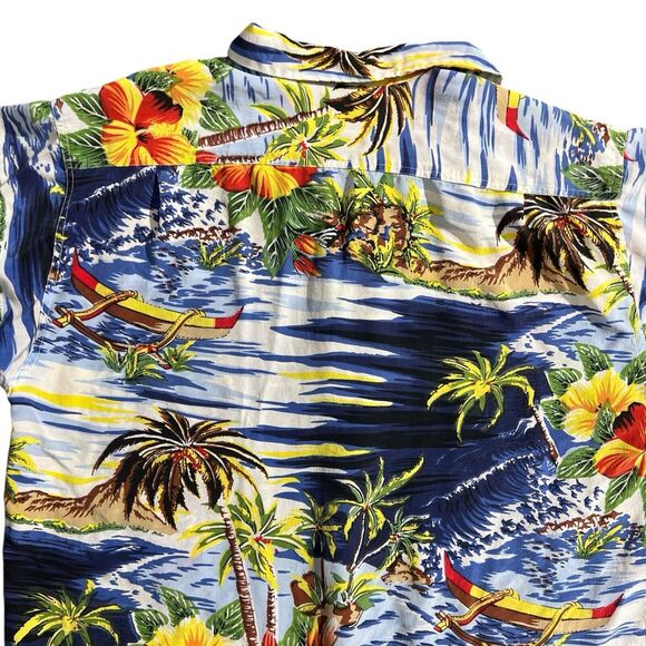 Avanti Button 100% Silk Aloha Hawaii Islands Landscape Shirt Floral Print Sz L - Picture 16 of 16